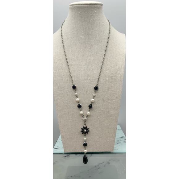 Charming Charlie Silver Tone Faux Pearl & Black Rhinestone Y Drop Necklace - Picture 2 of 4